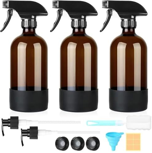 Furuising 3Pcs 480ml Glass Spray Bottles, Empty Spray Bottle for Cleaning, Hair, Refillable Amber Plant Sprayer Mister with Adjustable Nozzle for Squirt and Mist