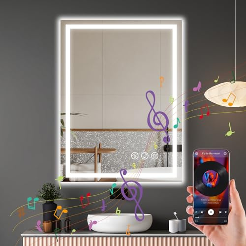 Ratsamee LED Bathroom Wall Mirror with LED Lights - 600×800 MM Bluetooth Anti-Fog Vanity Mirror, 3-Color Dimmable Frontlit Illumination for Makeup, Wall Mounted Bathroom Lighting