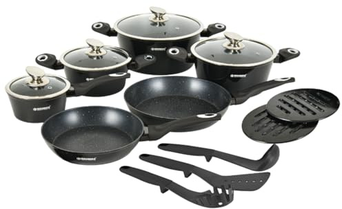 Herzberg - 15-delars köksset, Aluminium med marmoryta, Kastruller, Stekpannor, Glaslock, Redskap, Induktionskompatibel, Svart