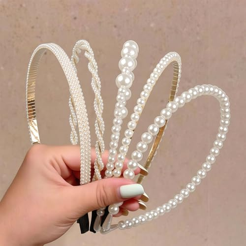 VelvetGlow 5 pezzi cerchietti di perle per donne, fasce per capelli con perle bianche antiscivolo, cerchietto moda per spose per matrimoni, accessori per capelli con perline per ragazze