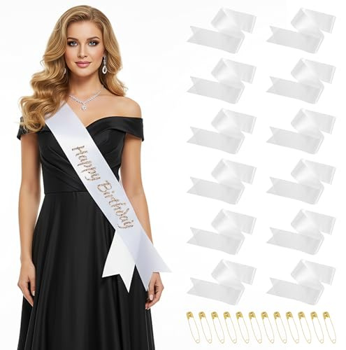 Thinp 12 fasce bianche in raso, per concorsi di compleanno, con spille da balia, fasce per anziani, per laurea, compleanno, addio al nubilato, matrimoni, feste, fai da te, colore: bianco