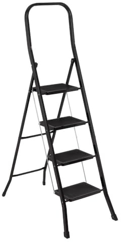 LOLAhome - Escalera Plegable de 4 peldaños Antideslizantes de Acero Color Negro. Soporta 150 kg. Medidas Abierta: 46x86x156 cm. Medidas plegada: 46x4x165 cm. Cumple normativa EN14183