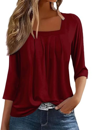 T-Shirt pour Femme À Manches 3/4 Eté Col Carré Tee Shirt Chic Et Élégant Grand Taille Chemise Et Blouses Basique Couleur Unie Haut Décontracté Ample Tops Classique Coupe Tunique