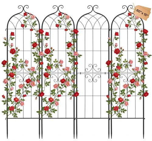 VEVOR Enrejado Metálico para Jardín, 152 x 40,5 cm, Celosías de Jardín, Conjunto de 4 Piezas, Soporte para Plantas Trepadoras, con Estacas, Acero al Carbono, Decoración, para Verduras Flores, Negro