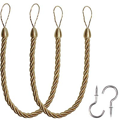 BEL AVENIR Curtain Ropes Tiebacks Tie-Backs, Curtain Handmade Holdbacks with 2 Metal Screw Hooks - Golden 2 Pack