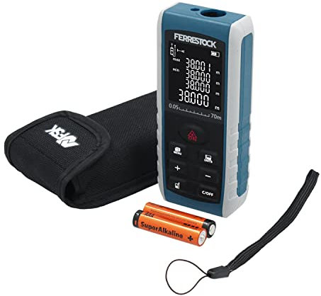 Ferrestock FSKLDM070 medidor Distancia Laser hasta 70 Metros, Pantalla LCD, 2 Puntos de Referencia, 7 Modos de medición, Nivel Digital y 99 memorias.