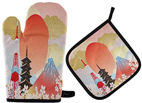 HMZXZ RXYY - Mitones de horno con flores de Tokio, forro de algodón acolchado, guantes de barbacoa, guantes de horno y soportes para ollas resistentes al calor, guantes de cocina seguros para cocinar