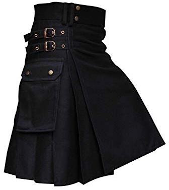 Tartan Utility Kilts för män Linne Tartan Kilt med remmar Stora lastfickor (svart, L)
