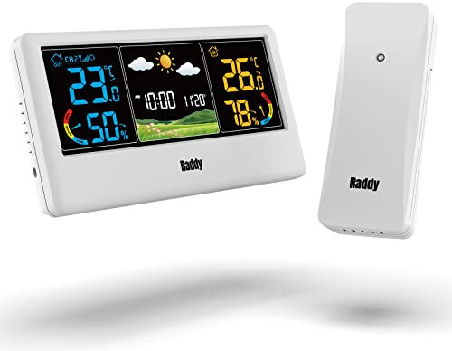 Raddy WF-55C Wetterstation Funk mit Außensensor Farbdisplay für Innen und Außen Wettervorhersage mit Hygrometer Thermometer Wecker für Zuhause