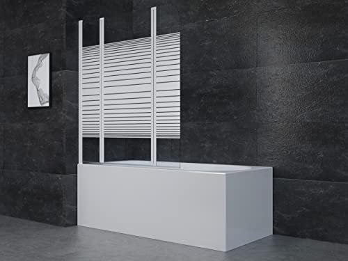 MARWELL Badewannenaufsatz White Lines 125x140 cm – 3-teilige faltbare Duschwand in matt weiß – Duschabtrennung aus 4 mm Einscheibensicherheitsglas für Badewanne