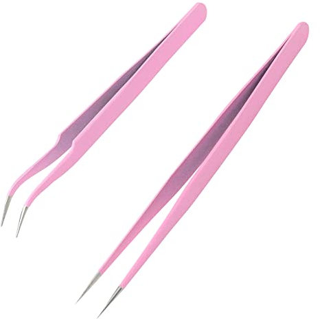 Sularpek 2 Stücke Pinzette Spitz, Professionelle Pinzette Wimpern, Edelstahl Pinzetten Gebogene Gerade Pinzette, Wimpernverlängerung Pinzette, Mitesser Entferner Augenbrauen Entfernung Pinzette (Rosa)
