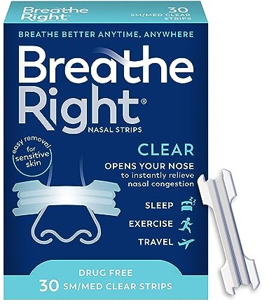 Breathe Right Nasal Strips, Clear Small/Medium Nose Strips, Snoring, Nasal Congestion, Deviated Septum, Allergies, 30 Ct (Packaging May Vary)