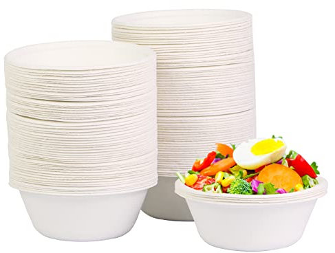 DHAIQC 120 Pièces Bols Jetables 260ml, Nature Saladie, Écologique Bol Jetable, Bol Carton Jetable, Bagasse Bol Soupe Compostable Vaisselle Jetable Canne à Sucre (120 pièces-260 ml)