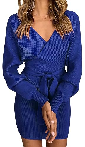 heekpek Abito Invernale Donna Maglia Elegante Mini Abiti Tubino Donna Comodi Elasticità Manica Lunga Scollo a V Corti Abiti Scollati con Cintura