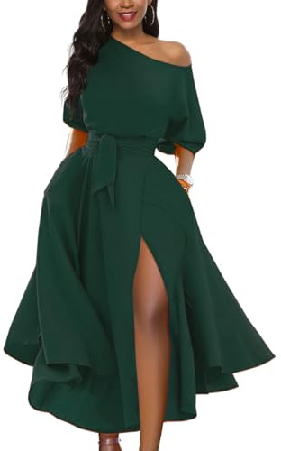 LILYIN Women’s Elegant Off Shoulder Short Sleeve Belted Side Slit Cocktail Party Swing Dress with Pockets (L, Dark Green)
