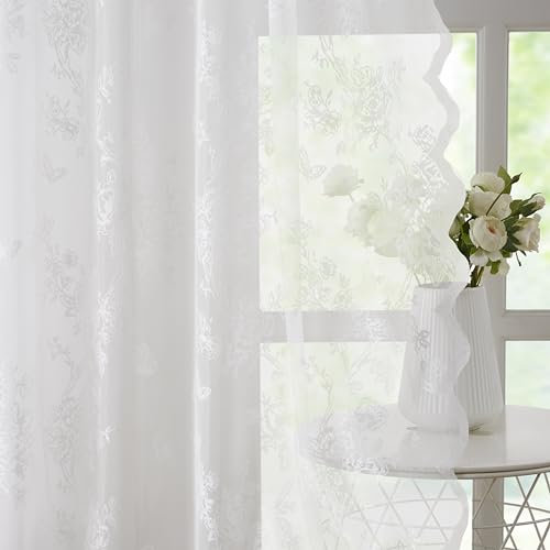 Bujasso White Lace Curtains Vintage Country Floral White Sheer Curtains 84 inch Rod Pocket Light Filtering Victorian Scalloped White Lace Sheer Drapes for Living Room Bedroom 2 Panels 54 Wx84 L