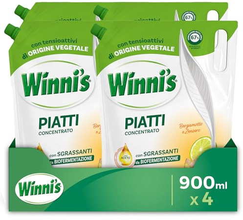 Winni's - Detersivo Piatti a Mano in Ecoformato, Concentrato, Ipoallergenico, con Sgrassanti Naturali da Biofermentazione, Bergamotto e Zenzero, Materie Prime di Origine Vegetale, 900ml x 4 Confezioni