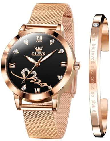OLEVS Ladies Watches Rose Gold Mesh Strap Fashion Dress Quartz Waterproof Luminous Female Wrist Watches for Women Bracelet Sets