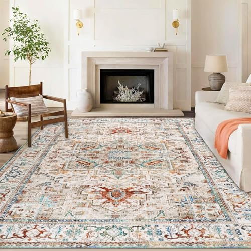 Cekene Orientaliska stora mattor för vardagsrum, 200 x 290 cm, halkfria, sovrumsmattor, maskintvättbara, mattor med låg profil, golvmatta för inomhus, kök, matsal, lekrum (beige)