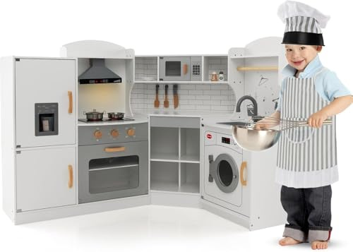GOPLUS Cuisine Enfant en Bois, Cuisine d'angle avec Machine à Glaçons, Micro-Ondes, Cuisinière, Four, Évier, Lave-Linge, Effect Lumières et Sons, Jeu d'Imitation pour 3-10 Ans (Blanc)