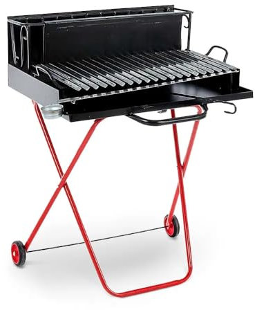 Barbecue a Legna Portatile con Griglia in Acciaio Inox, Ripiano Recupera Grassi, Pieghevole con Ruote, Made in Italy, Con tira braci e bicchiere raccogli olio OMAGGIO (Large)