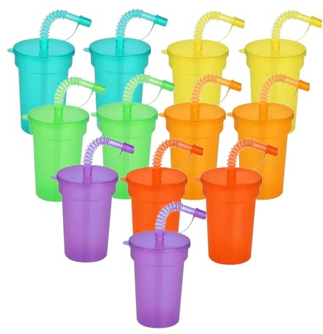 12 stycken muggar, partymuggar, dryckesbägare med lock och sugrör, 380 ml, plastmuggar, återanvändbara koppar, neonsyr, koppar för iskaffe kallt dryck, smoothie