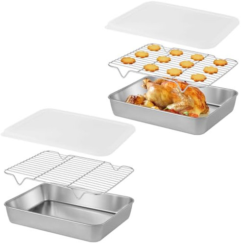 Juego de 2 bandejas para hornear con tapas herméticas y estantes de refrigeración, sartenes para asar para cocinar, asar y servir