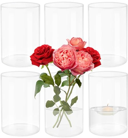 6 pezzi da 8,5 x 15 cm Vaso in vetro cilindrico, piccole vasi in vetro, vaso in vetro trasparente per fiori, vaso da tavolo per fiori, candele in blocco, candele galleggianti, verde