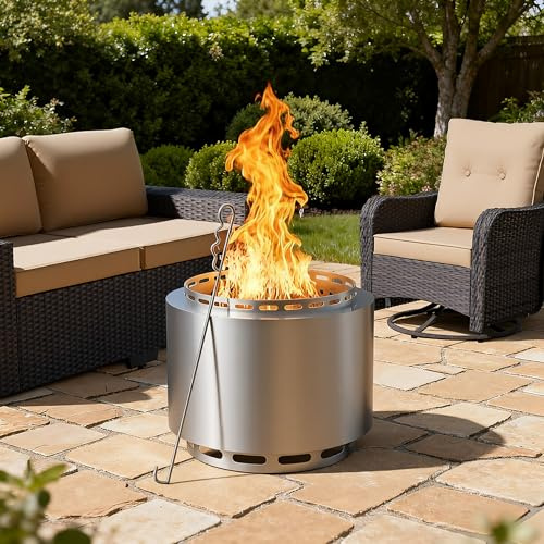 RTDTD 19-Zoll-Rauchfreie Feuerstelle, Holzbefeuerung, tragbare Feuerstelle für den Außenbereich mit wasserdichter Abdeckung und Schürhaken für Garten, Terrasse, Camping, Edelstahl