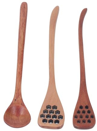 Respicefinem Mestolo per in Legno da 3 Pezzi con Manico Lungo – Cucchiaio da Riutilizzabile per Spruzzare, Sciroppo d'Acero, Melassa – Ideale per Caffè, Tè, Cucina e Uso Gourmet