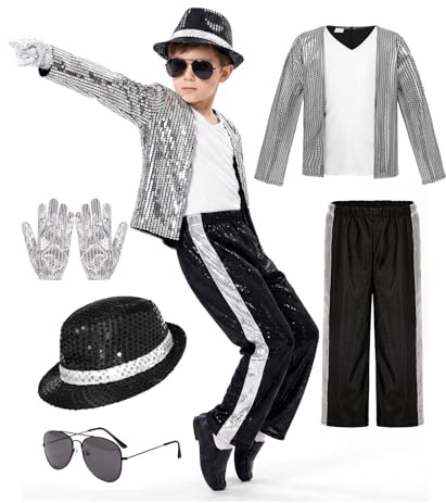 Deguisement Roi de la Pop Garcon, Veste et Pantalon à Paillettes Noire Années 80-90 avec Chapeau Gant pour Halloween Carnaval Cosplay Spectacle Enfant 4-14 Ans