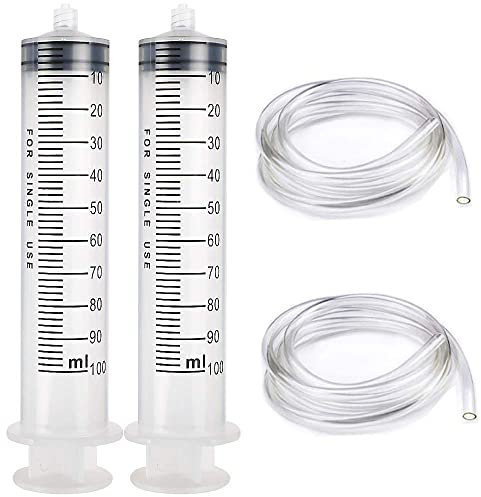 Gebildet 2PCS 100ml Plastique Seringue avec 1m Tube,en Plastique Réutilisable Seringue a Huile Seringue D’alimentation pour Vider les Bocaux de Liquide de Frein[Utilisation non médicale]