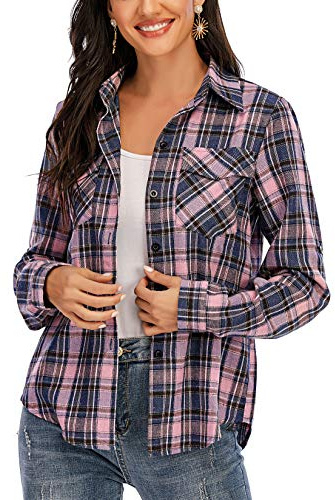 Enjoyoself 100% Cotone Donna Camicia a Quadri Flanella Blusa Casual Manica Lunga Capo Classico Shirts Tops