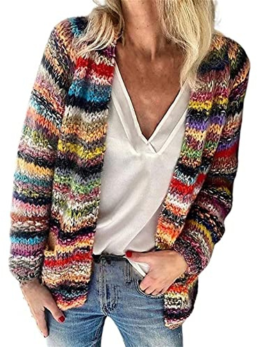 Sawmew Cardigan Arc-en-Ciel pour Femme, Multicolore Rayé Devant Ouvert Automne Hiver Pull Tricoté Oversize Cardigan Couvrir Pull Veste (Color : Red, Size : L)