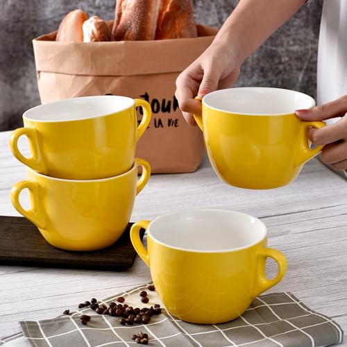 Cuencos amarillos cálidos de 680 ml con asas dobles para sopa o cebolla francesa, chile, guiso, avena, ramen, arroz, ensalada, postre, tarta de olla, sin plomo, sin cadmio y microondas