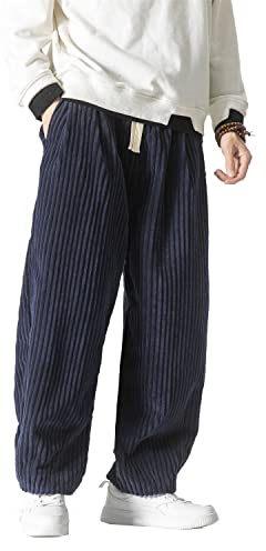 Seidarise Pantalon en velours côtelé pour homme - Coupe ample - Coupe décontractée - Extensible - Taille élastique - Cordon de serrage, bleu marine, Taille L