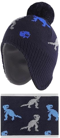 LACOFIA Baby pojkar flickor vintermössa och krage halsduk set stickad småbarn öronflikar mössa barn varm fleece foder hatt med pompom, 2-pack, Marinblå dinosaurie, 6-12 månader