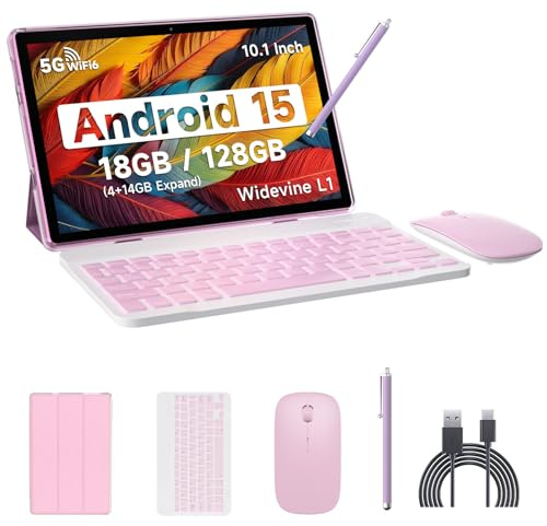 IWEGGO Android 15 Tablet, 10 Inch 18GB RAM+128GB ROM/ 2TB Expandable Tablet, 2.0GHz Quad-core Processor, 1280*800 HD Touch Screen, 5G WiFi6 BT 5.0, 2 in 1 Tablets with Keyboard Case Mouse Stylus Pink