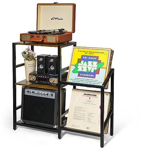 ikkle Record Player Stand with Vinyl Record Storage, 2-Tier Metal Mesh Record Storage for Up to 200 Albums, Turntable Stand with Vinyl Holder for Living Room Bedroom