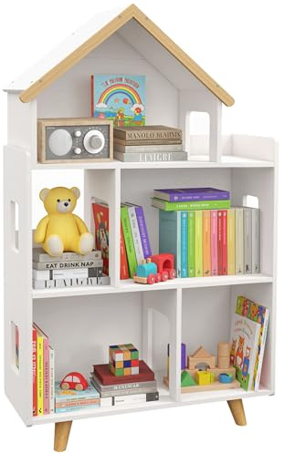 ZONEKIZ Toy Storage Shelf, 3 Tier Children Bookcase, Kids Bookshelf with Six Cubes, for Playroom, Nursery, Bedroom, Kids Room - White