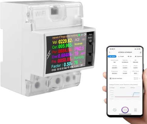 Diymore Medidor de Energía 100A WiFi Din Rail Interruptor Inteligente Control Remoto,Monitor Digital de Consumo de Energía,AC85-265V Medidor Digital Volt Amp Kwh Factor de Frecuencia