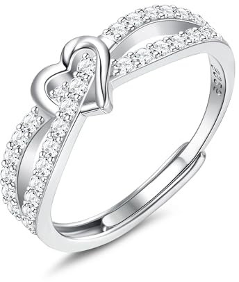 Milacolato 925 Sterling Silber Herz Zirkonia Ring für Frauen, Verstellbarer Silber Verlobungs- und Hochzeitsring, Stapelbares Design mit Doppelreihe und Platinbeschichtung