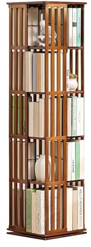 Libreria Girevole in Bambù, Espositore per Libri a 5 Livelli, Libreria Angolare da Terra per Bambini e Adulti, 360° Scaffale Archiviazione per Soggiorno, Sala Studio, Ufficio