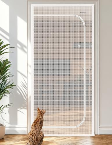BFNN Cat Screen Door, Extra Tall Cat-Proof Mesh Gate, Fit Door Size 32'' x 80'', Anti-Cat Scratch Mesh with Zipper Closure, for Living Room, Kitchen, Bedroom (White)