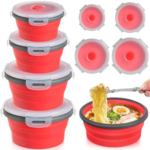 Suclain 4 ciotole da campeggio con coperchio, pieghevoli, in silicone, contenitore per il pranzo, insalatiera, contenitore espandibile per alimenti, ciotola da viaggio, per escursionismo e campeggio