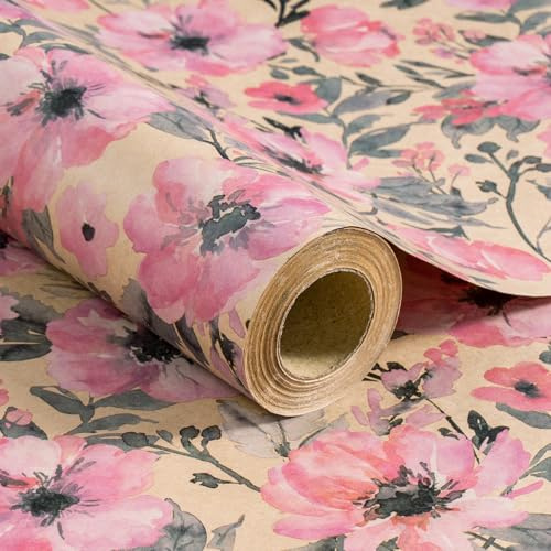 RUSPEPA Presentpapper med rosa blomma, 43 cm x 20 m, minirulle, blommigt presentpapper, rulle för vår, sommar, bröllop och möhippa