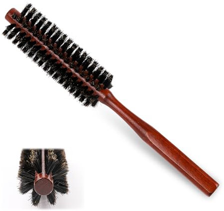 Small Round Hair Brush, Portable Natural Boar Bristle Hairbrush with Wood Handle Mini Bangs Travel Roll Circular Brush, Adding Hair Volume