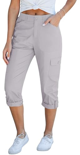 Roskiky Cargo Capri - Pantalones capri para mujer, cintura alta, corte relajado, cintura elástica, pantalones capri informales, gris claro, XXL
