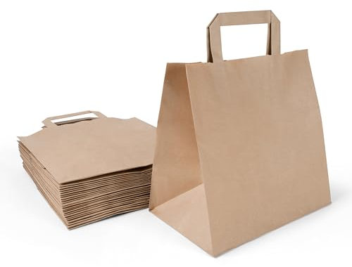 Inoverse 50 stk Papiertüten mit Henkel, Papiertragetaschen, 26+17x25 cm Geschenktüten, Braun Kraftpapiertüte, Papiertaschen, Groß Einkaufstüten