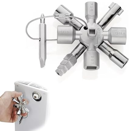 Comioke Clé en Croix Universelle, 4 Voies Clé Multifonction, 10 in 1, Universelle Armoire Electrique, Armoire Electrique pour Ascenseur, Radiateurs, Boîtiers de Commande (Argent)